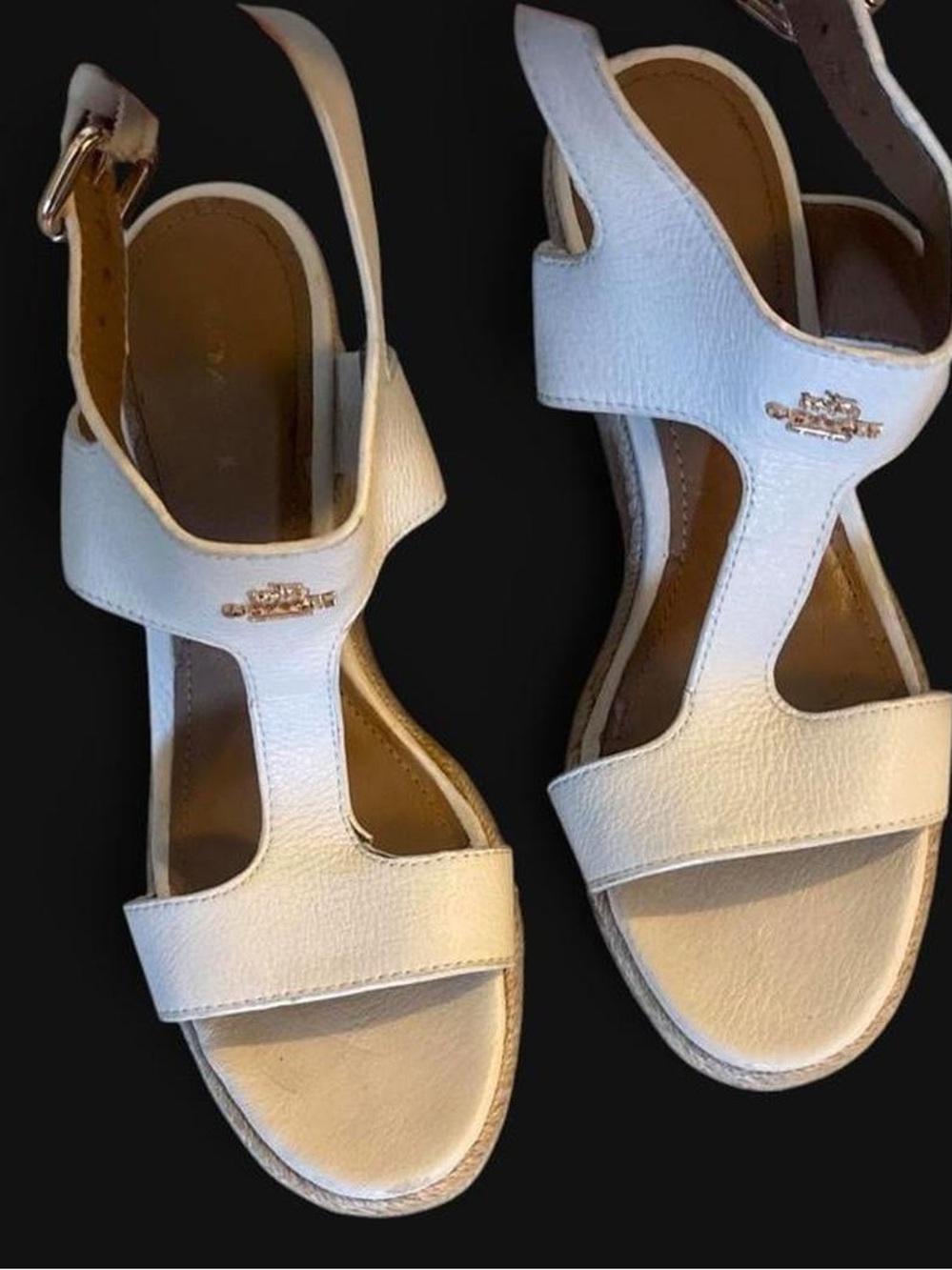 Coach White Leather Espadrille Wedge Sandals T-Strap Platform Size 6.5